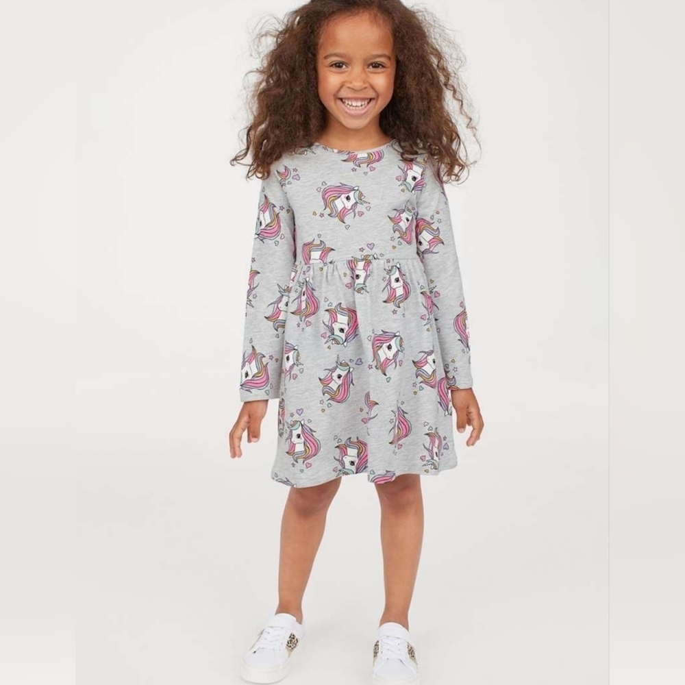 H&M Unicorn Print Gray Dress- Size 8-10 Y